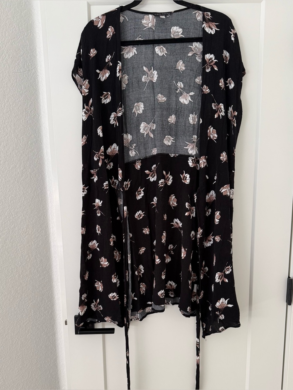 Final Touch Black Floral Open Cardigan Dress with Cream Accents